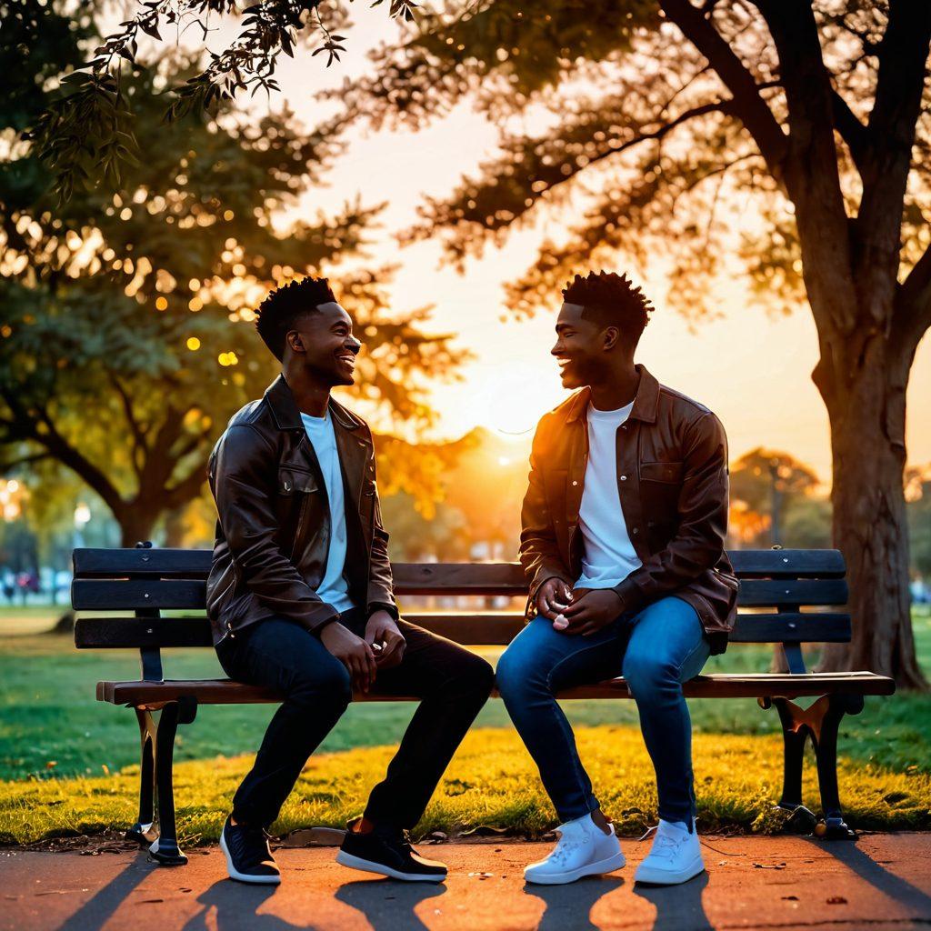 A heartwarming scene depicting two friends sitting together on a park bench, exchanging laughter and meaningful glances, with a sunset in the background symbolizing the transition from friendship to deeper love. Include soft, glowing lights around them to represent affection, and subtle heart shapes in the foliage above. The overall mood should be warm and inviting, capturing the essence of emotional intimacy. super-realistic. vibrant colors. dreamy atmosphere.