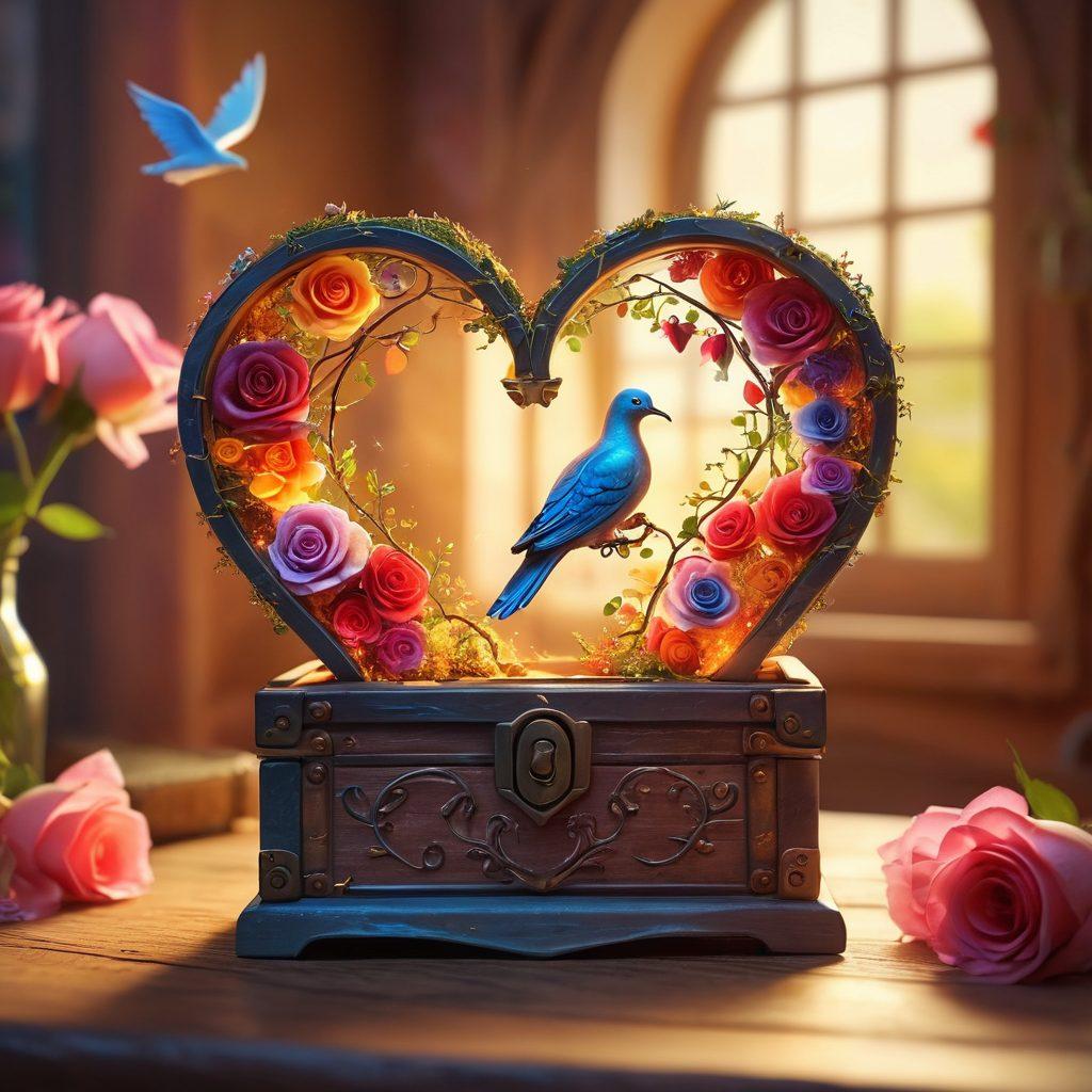 A heart-shaped key unlocking a glowing treasure chest filled with vibrant, swirling colors symbolizing emotions. Surrounding the chest are intertwined vines of roses and romantic symbols like hearts and doves, representing love and connection. The background is softly blurred to create a dreamy atmosphere, enhancing the focus on the key and chest. Elements of warmth and light radiate from the chest, inviting the viewer in. super-realistic. vibrant colors. dreamy background.