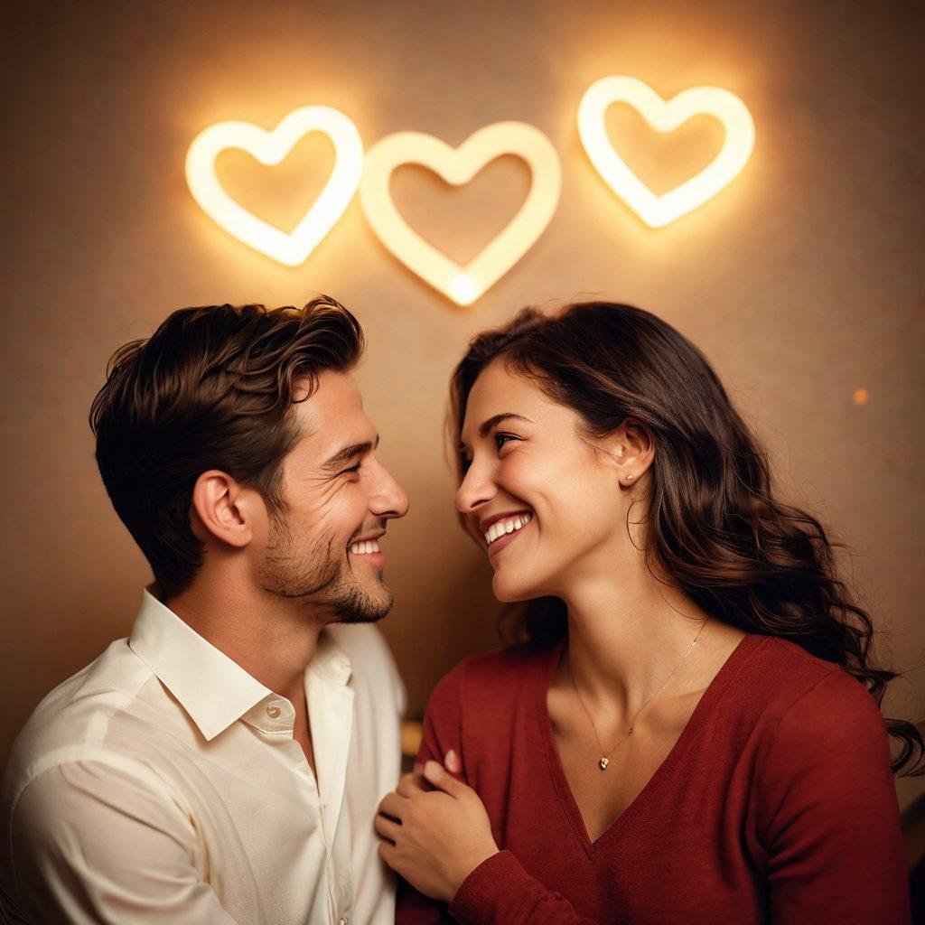 A couple engaged in a playful conversation, leaning toward each other with smiles, surrounded by soft, warm lighting that enhances their connection. Include subtle heart shapes in the background, symbolizing emotional bond and intimacy. The scene should convey warmth, joy, and flirtation. super-realistic. warm tones. soft focus.